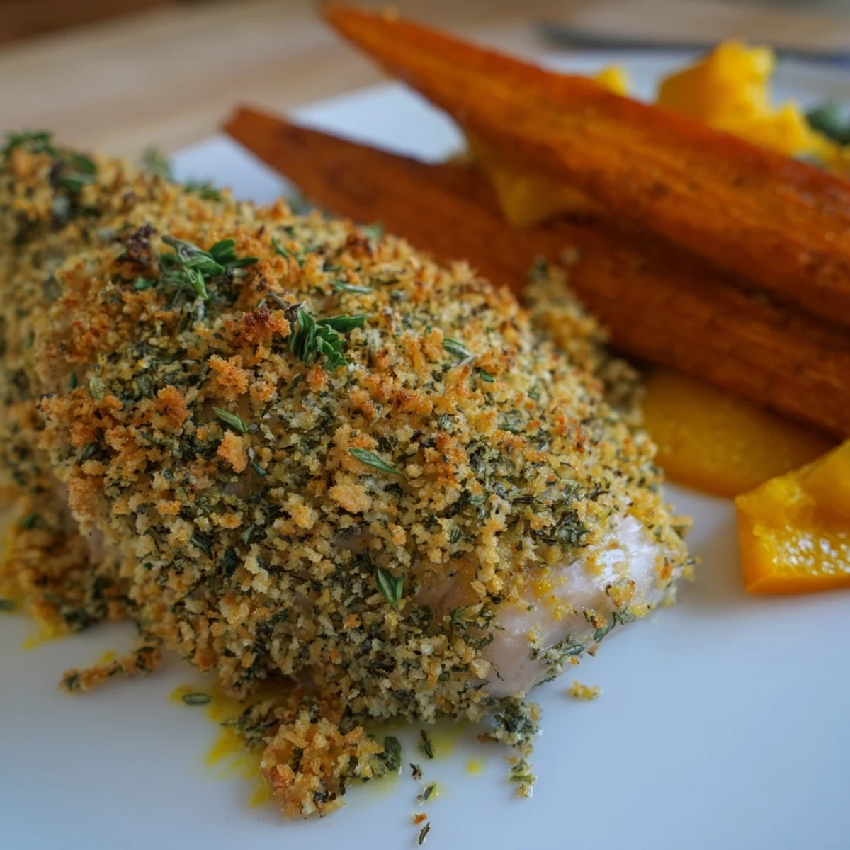 Golden brown herb crusted chicken breast with crispy breadcrumb coating served alongside colorful roasted vegetables