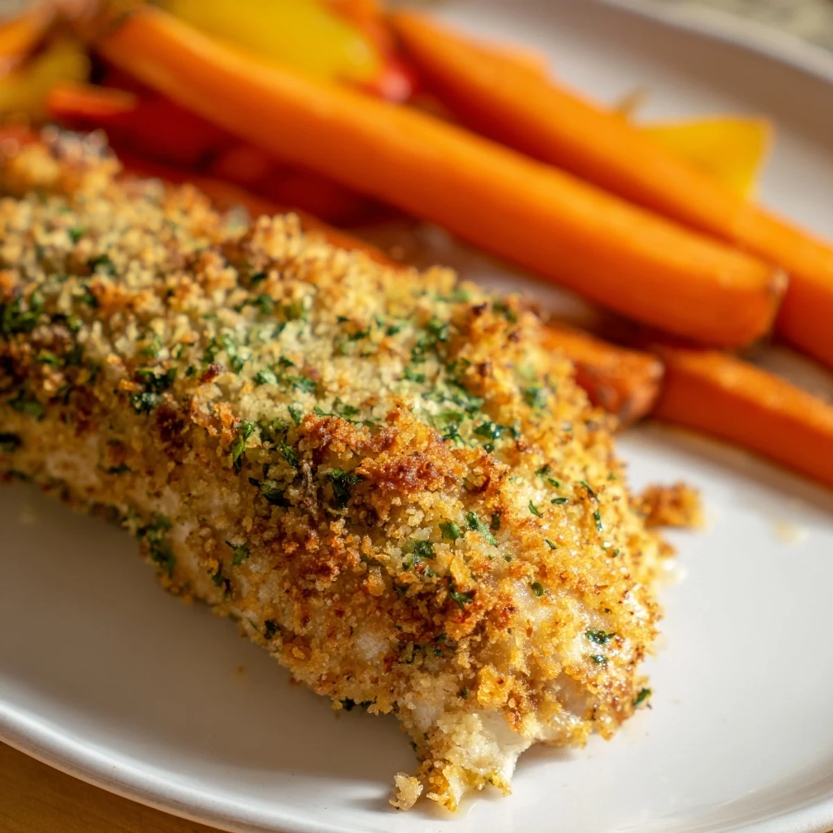 Herb crusted chicken roasted to perfection with tender seasonal vegetables including zucchini red onion and peppers