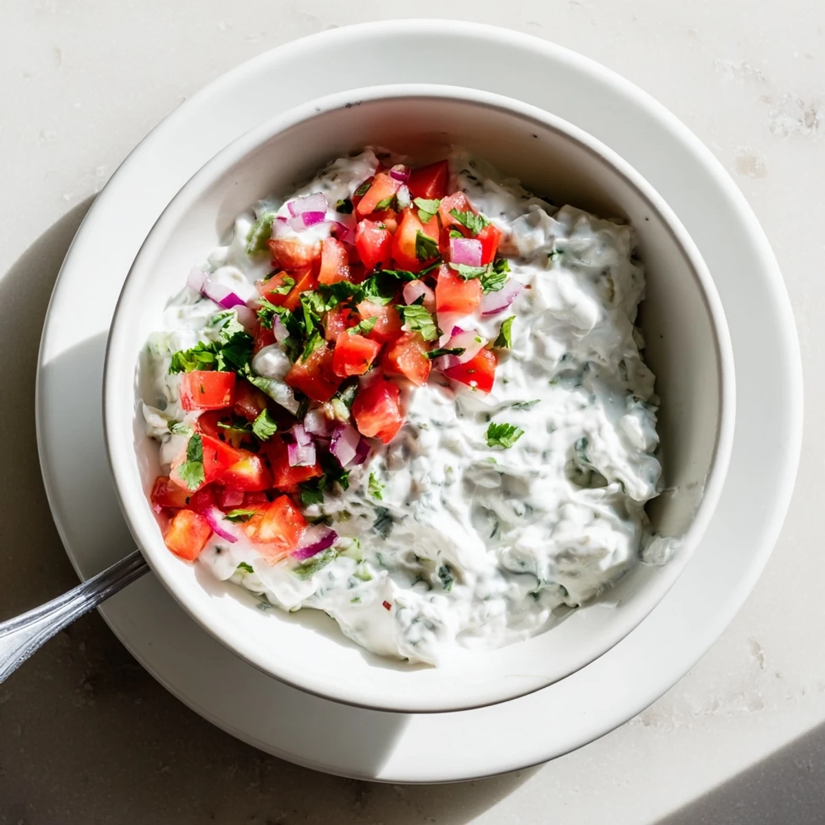 Creamy Grillos pickle de gallo ranch dip topped with vibrant pico de gallo and served with tortilla chips