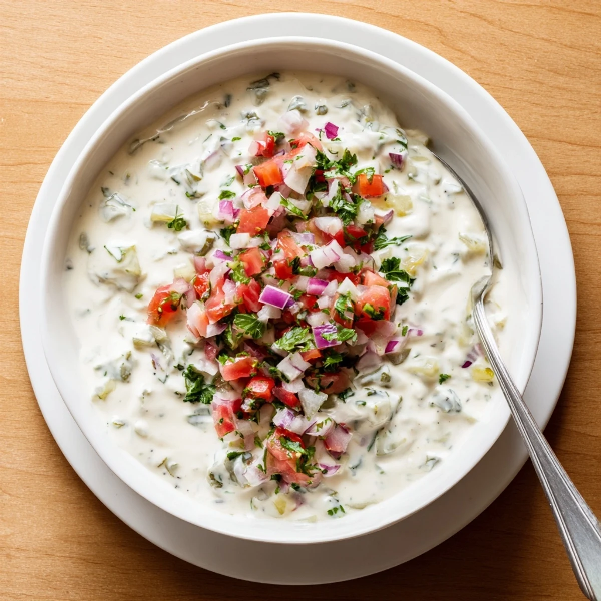 White bowl of tangy Grillos pickle de gallo ranch dip garnished with fresh cilantro and diced tomatoes