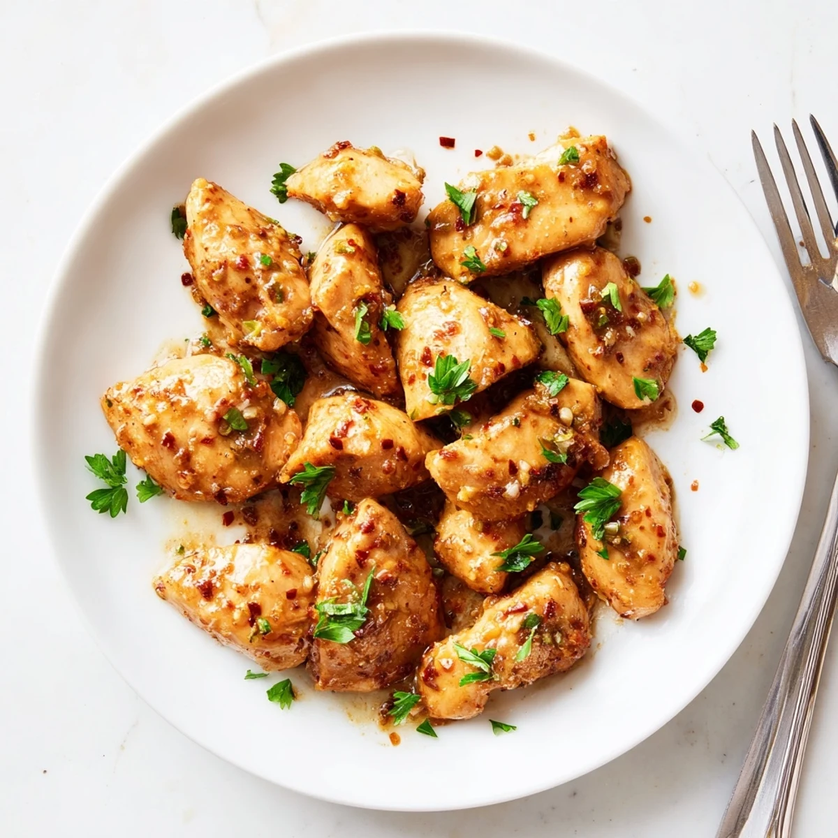 Golden glazed chicken breasts resting in a rich honey mustard sauce with fresh parsley garnish