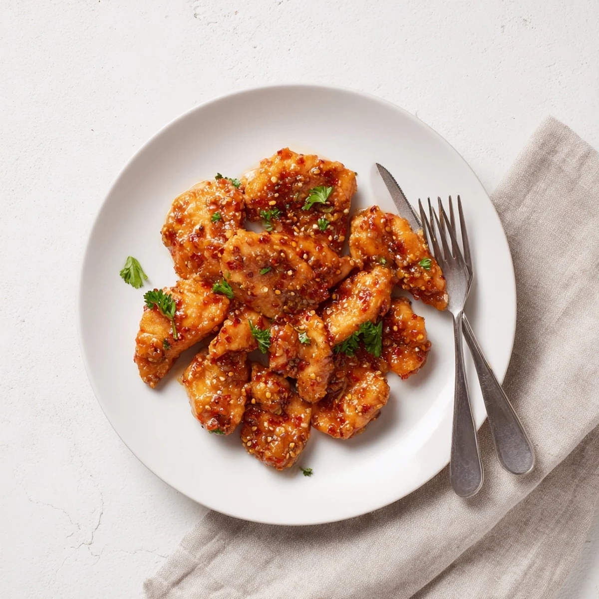 Tender chicken fillets baked until golden in a creamy honey mustard sauce on a white plate