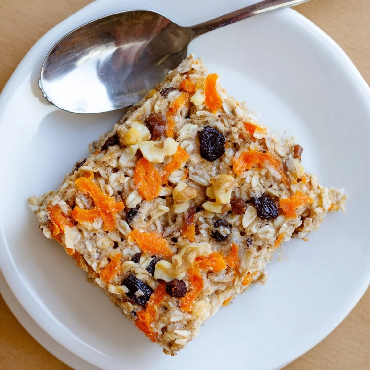 Golden brown carrot cake baked oatmeal topped with chopped walnuts and shredded coconut