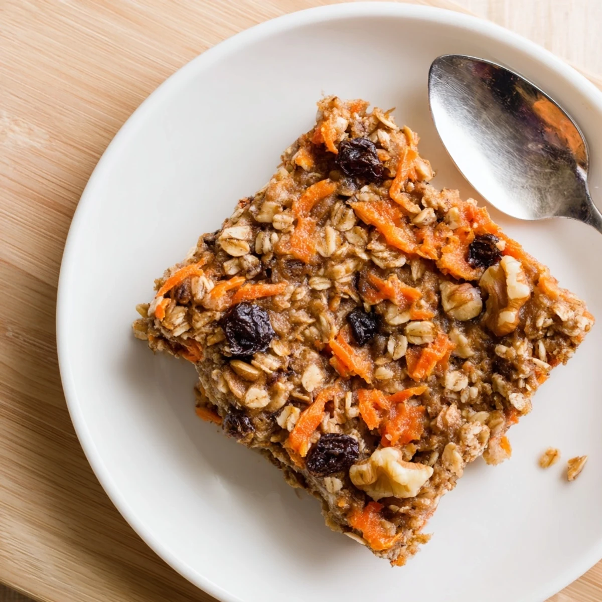 Warm spiced carrot cake baked oatmeal squares served with maple syrup and fresh berries