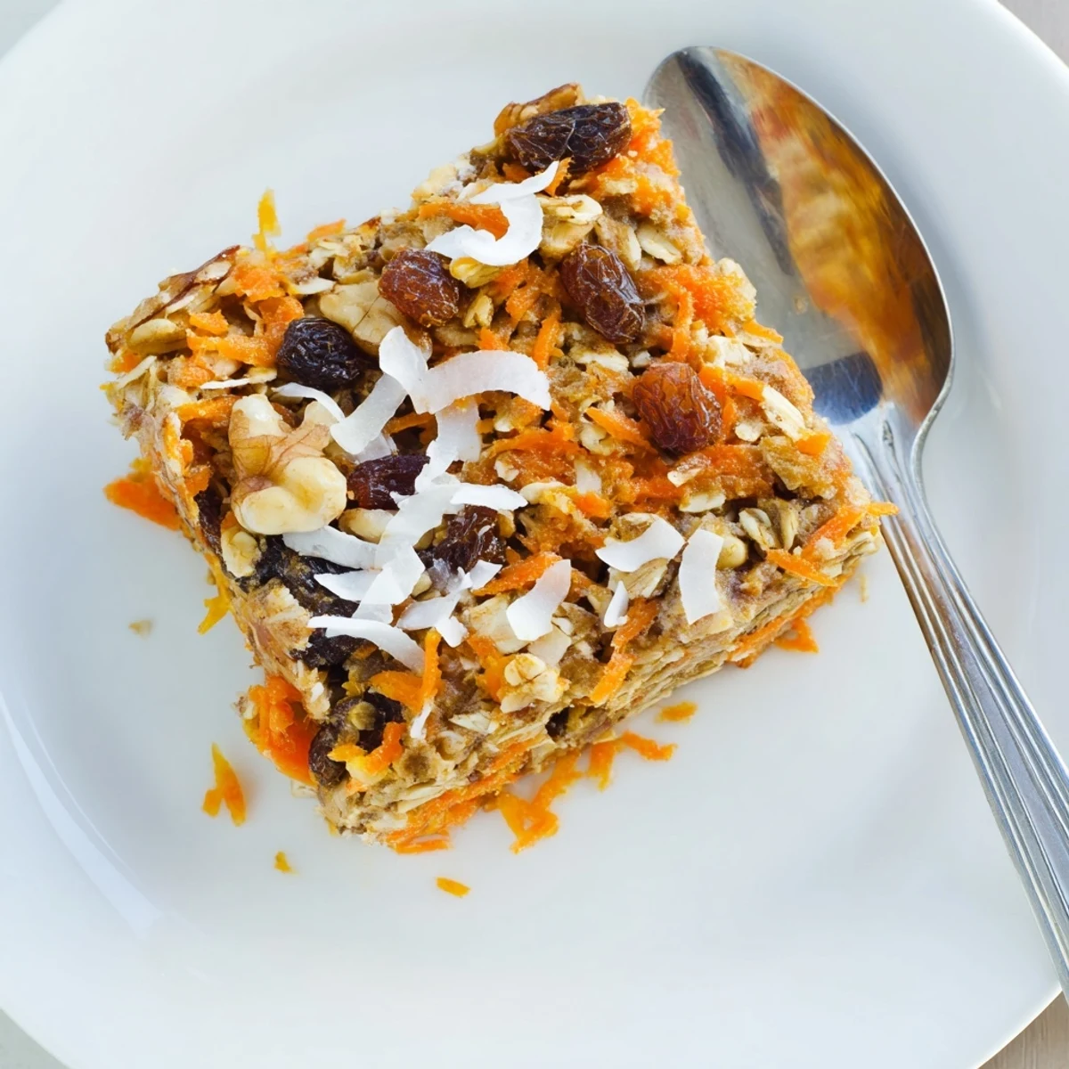 Wholesome baked oatmeal with grated carrots raisins and cinnamon in a square baking dish