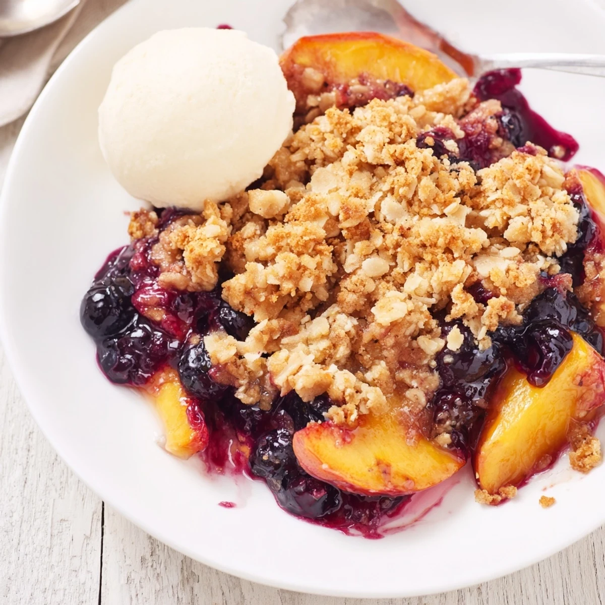 Warm Blueberry Peach Crumble with melting vanilla ice cream