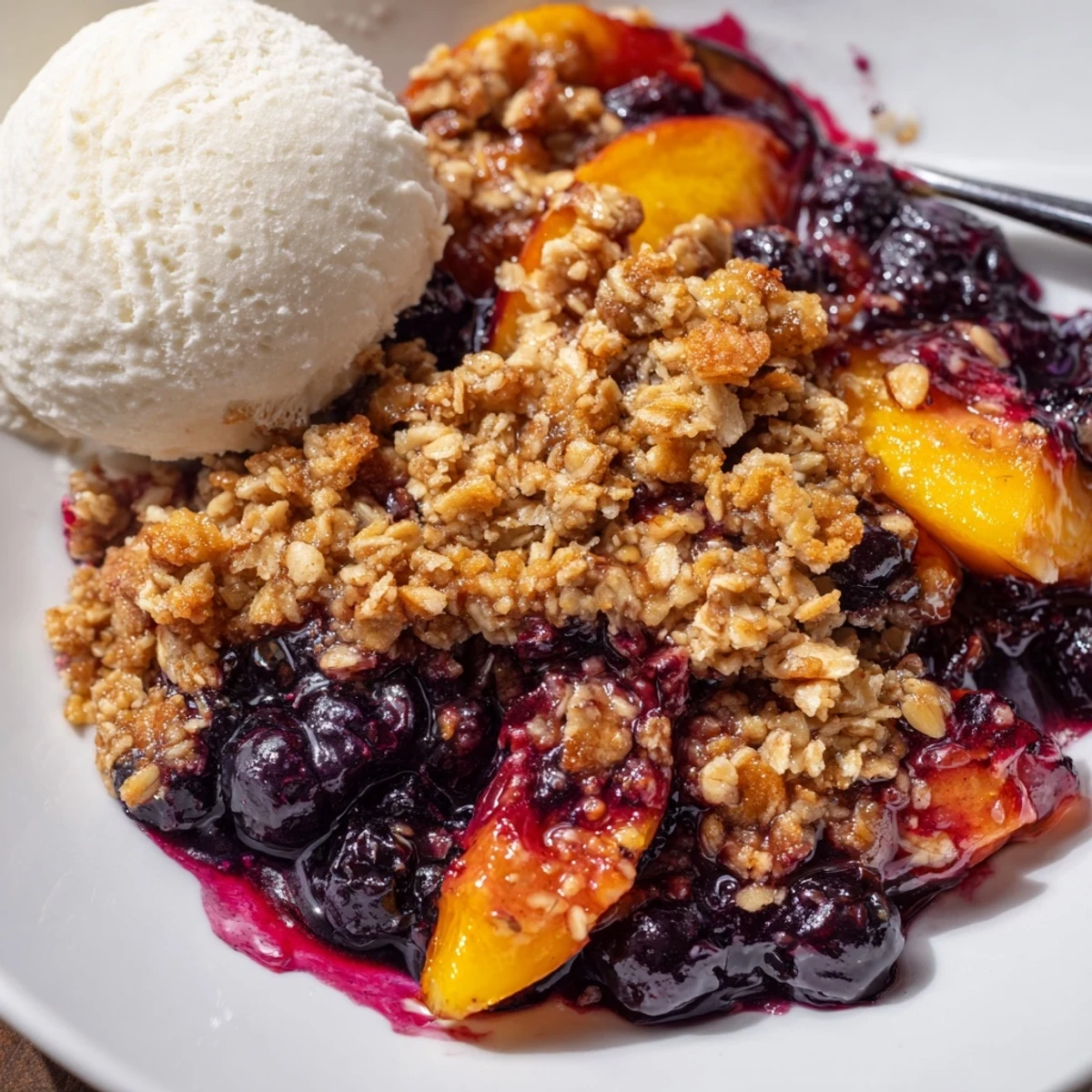 Blueberry Peach Crumble bubbling in a baking dish, golden oat topping
