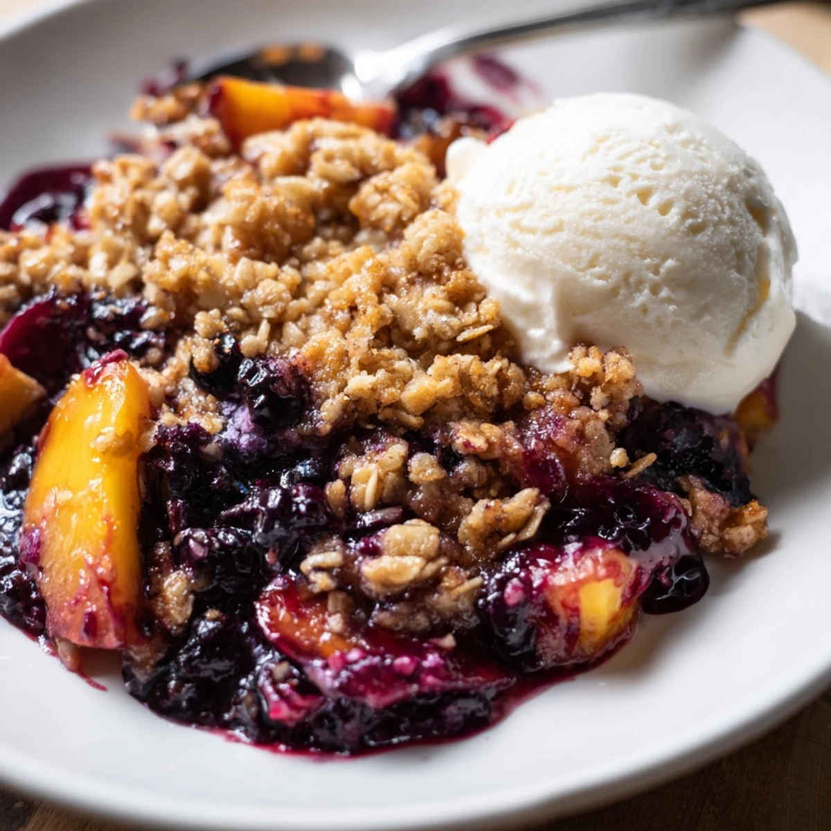 Slice of Blueberry Peach Crumble on plate, warm crumbs and juicy fruit