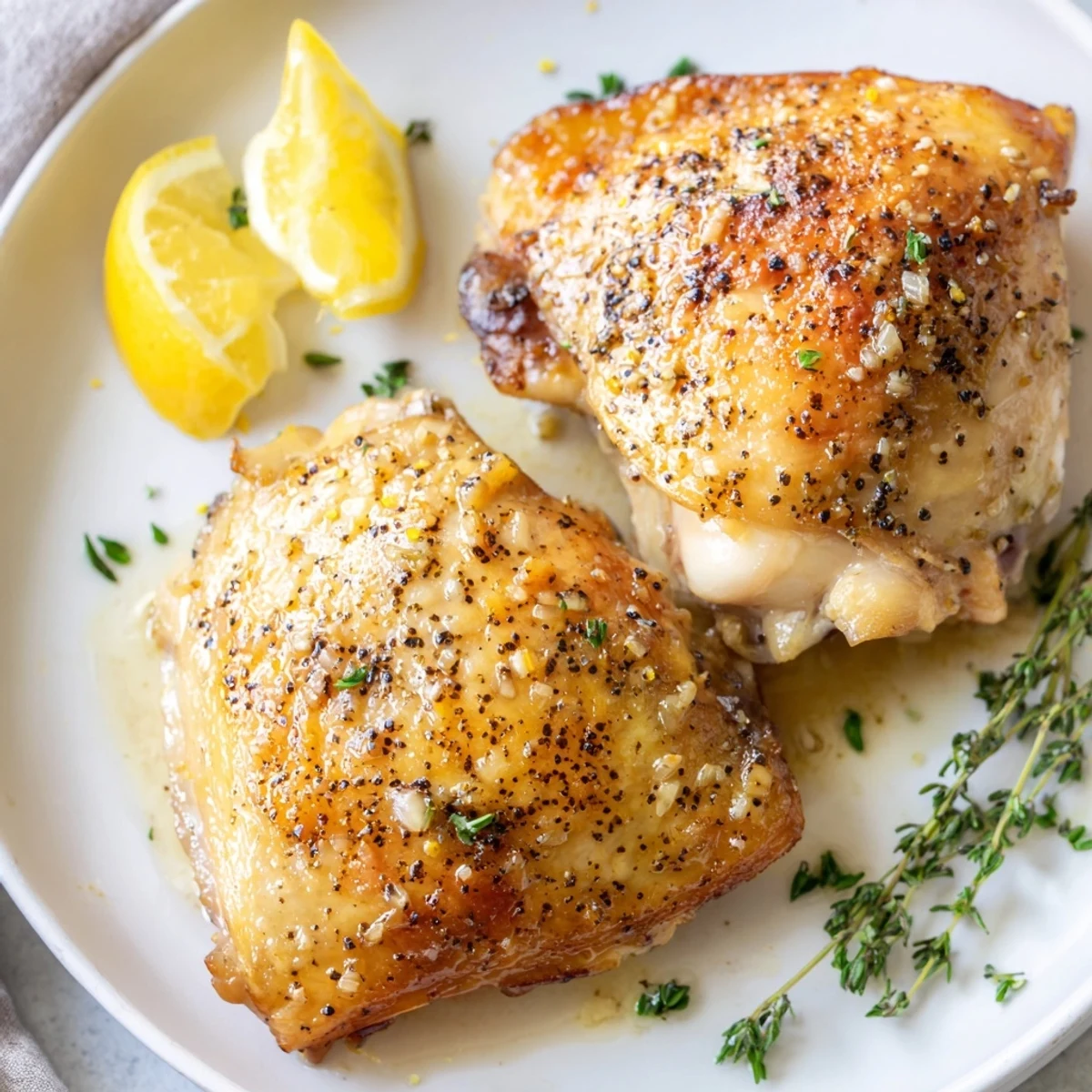 Lemon Pepper Chicken Thighs sizzling with crispy skin, lemon wedges and parsley