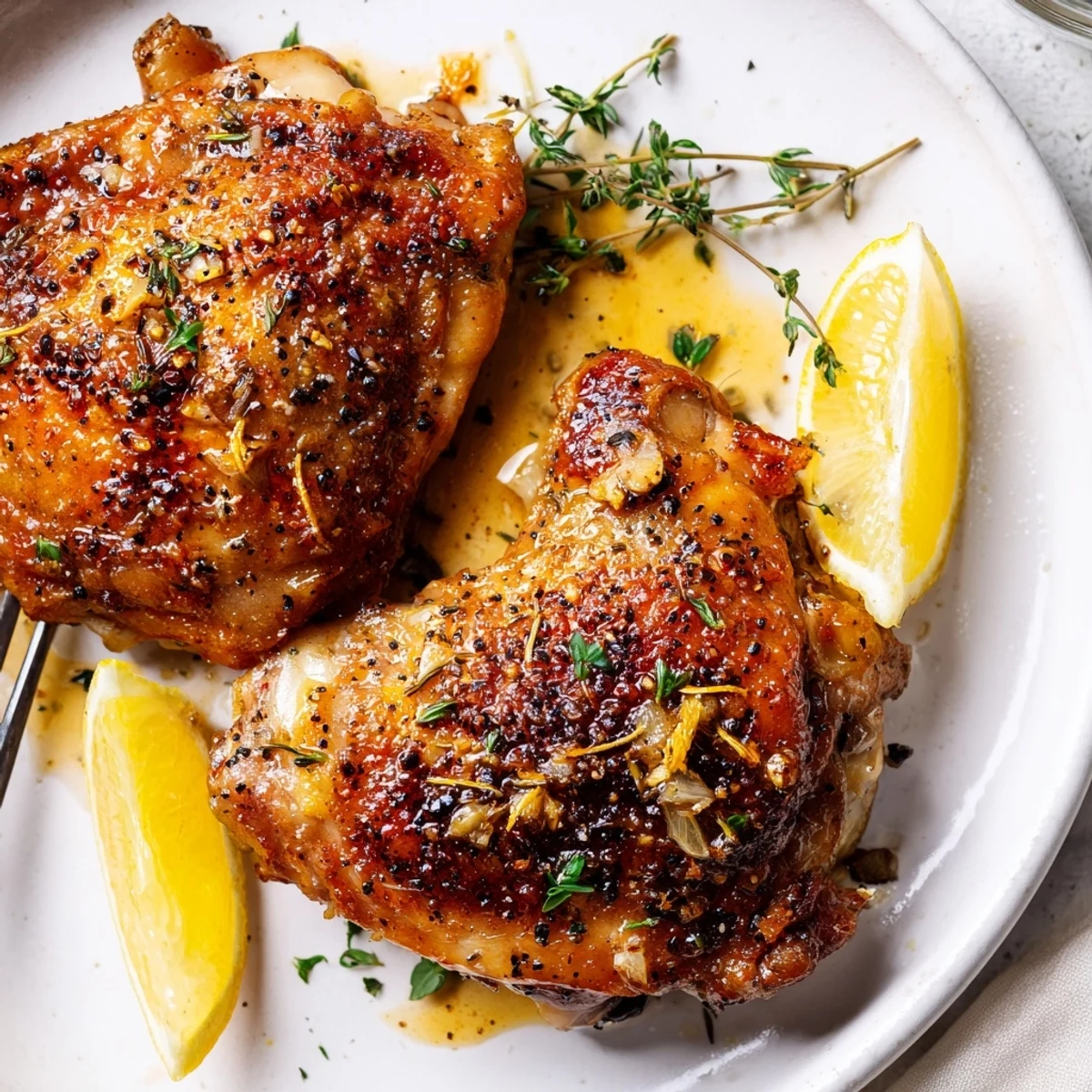 Roasted Lemon Pepper Chicken Thighs glistening with herb marinade, ready for weeknight dinner