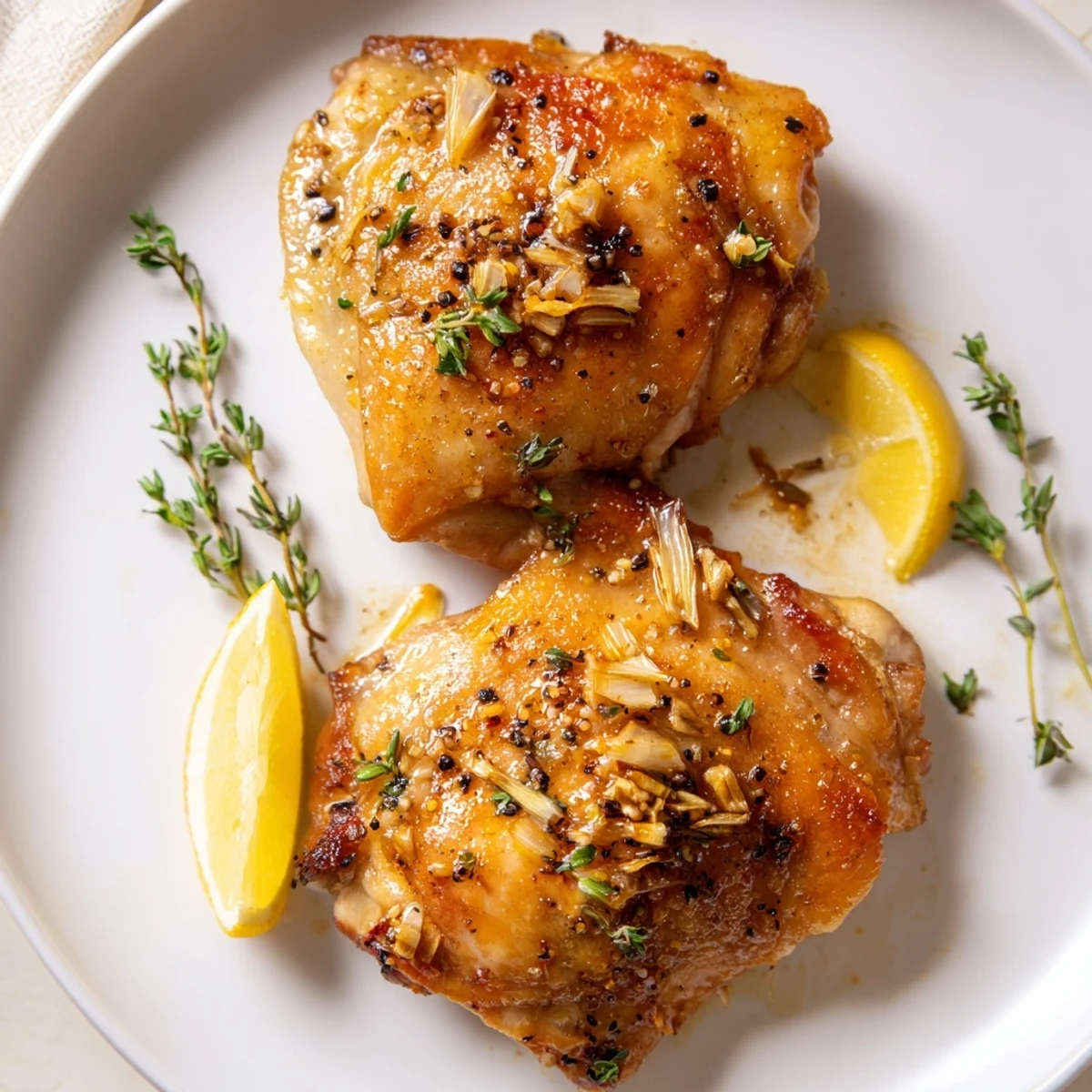 Caramelized skin on Lemon Pepper Chicken Thighs served alongside roasted potatoes, bright lemon