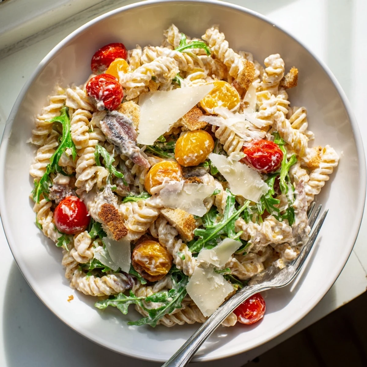 Arugula Pasta Caesar Salad tossed with creamy dressing, cherry tomatoes, shaved Parmesan