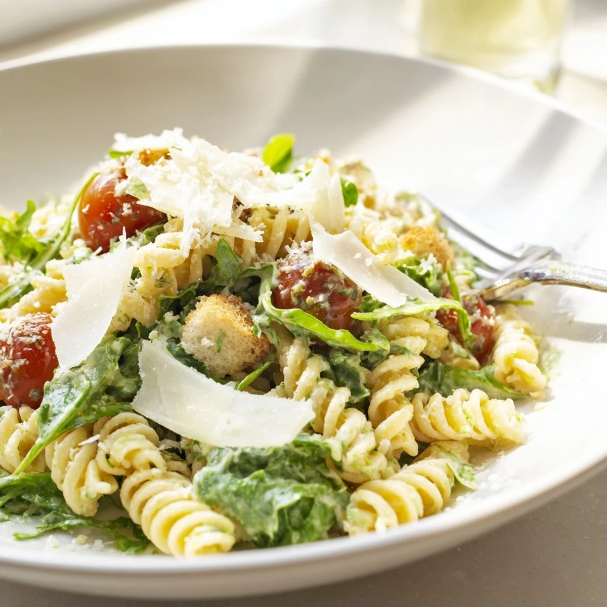 Bright Arugula Pasta Caesar Salad served warm with crunchy toasted croutons