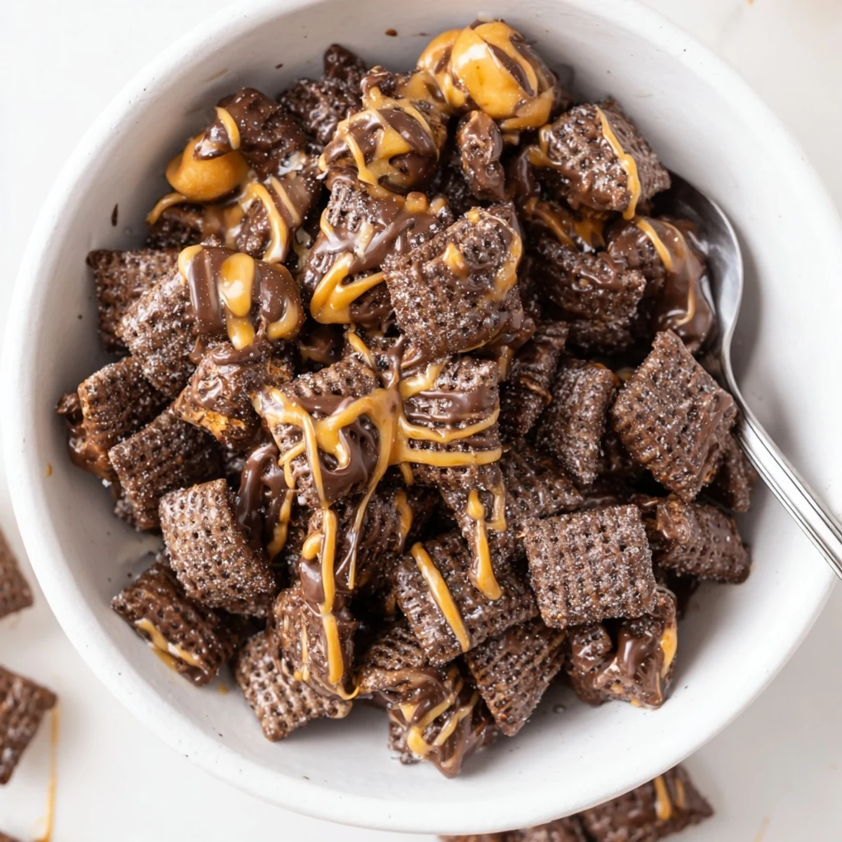 Samoas Puppy Chow Cereal piled on parchment, toasted coconut flecks and glossy drizzle