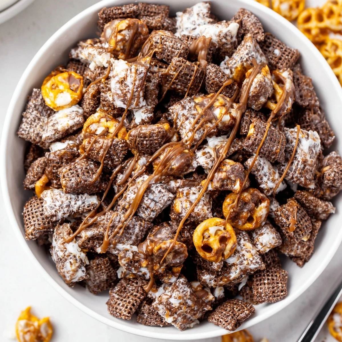 Samoas Puppy Chow Cereal scattered on tray, aromatic toasted coconut and chocolate