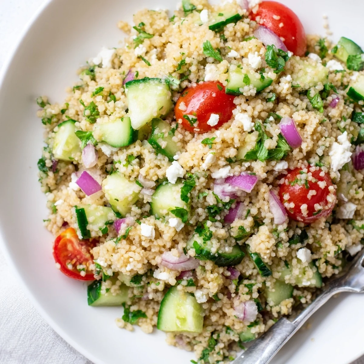 Bright Cucumber Lemon Couscous Salad served in a bowl, tangy, herb-scented summer side