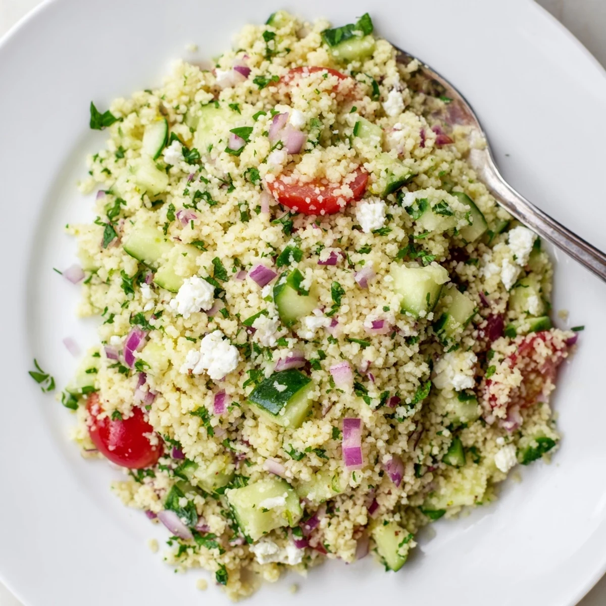 Chilled Cucumber Lemon Couscous Salad studded with mint, parsley, and halved tomatoes