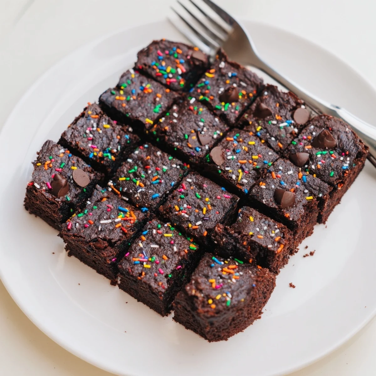 Sourdough Cosmic Chocolate Brownies cooling in pan, glossy fudge center and sprinkles