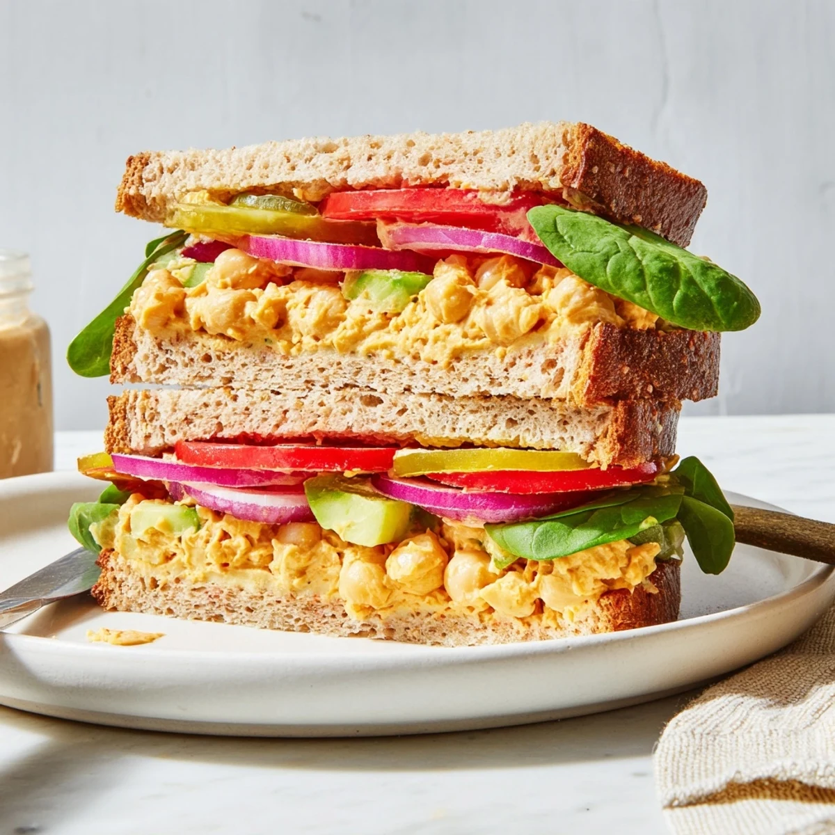 Toasted Smoky Chickpea Sandwich with juicy tomato, crisp arugula, tangy sauce