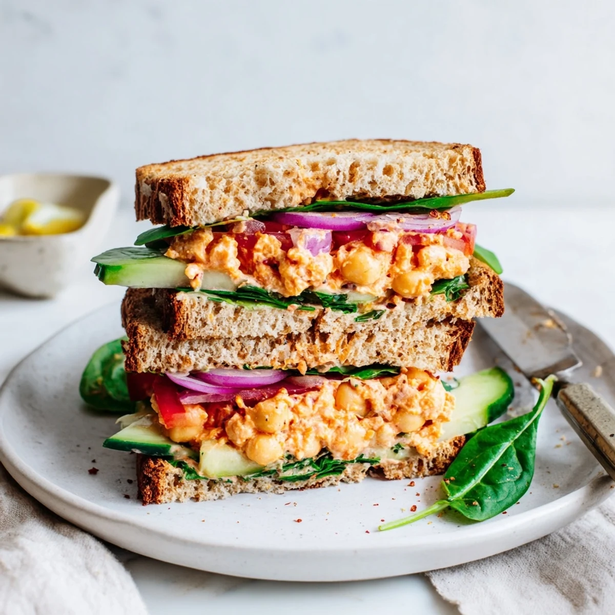 Creamy Smoky Chickpea Sandwich piled high with sliced avocado and pickles