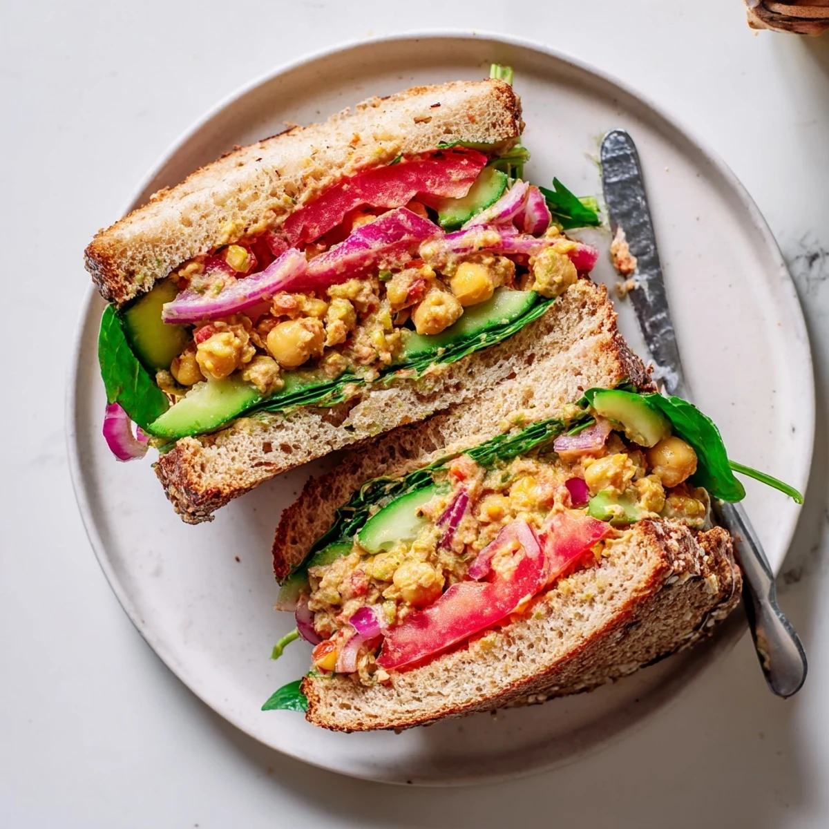 Open-faced Smoky Chickpea Sandwich on sourdough, lemony bite and crunchy onions
