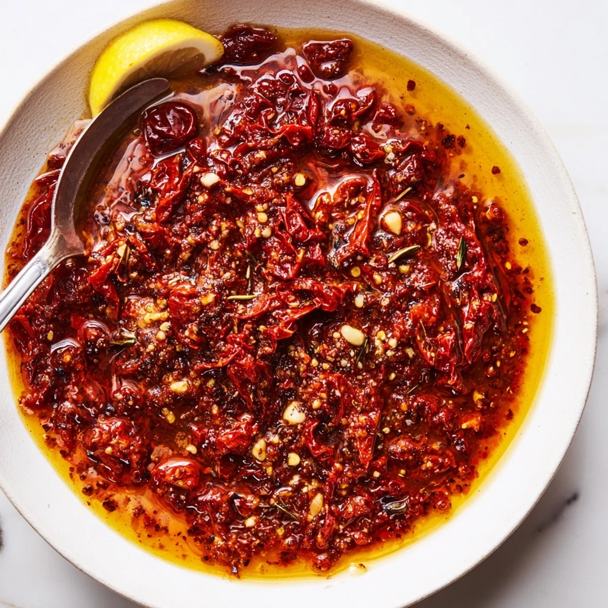 Deep red Sun Dried Tomato Sauce glistening over pasta, fragrant garlic and herbs.