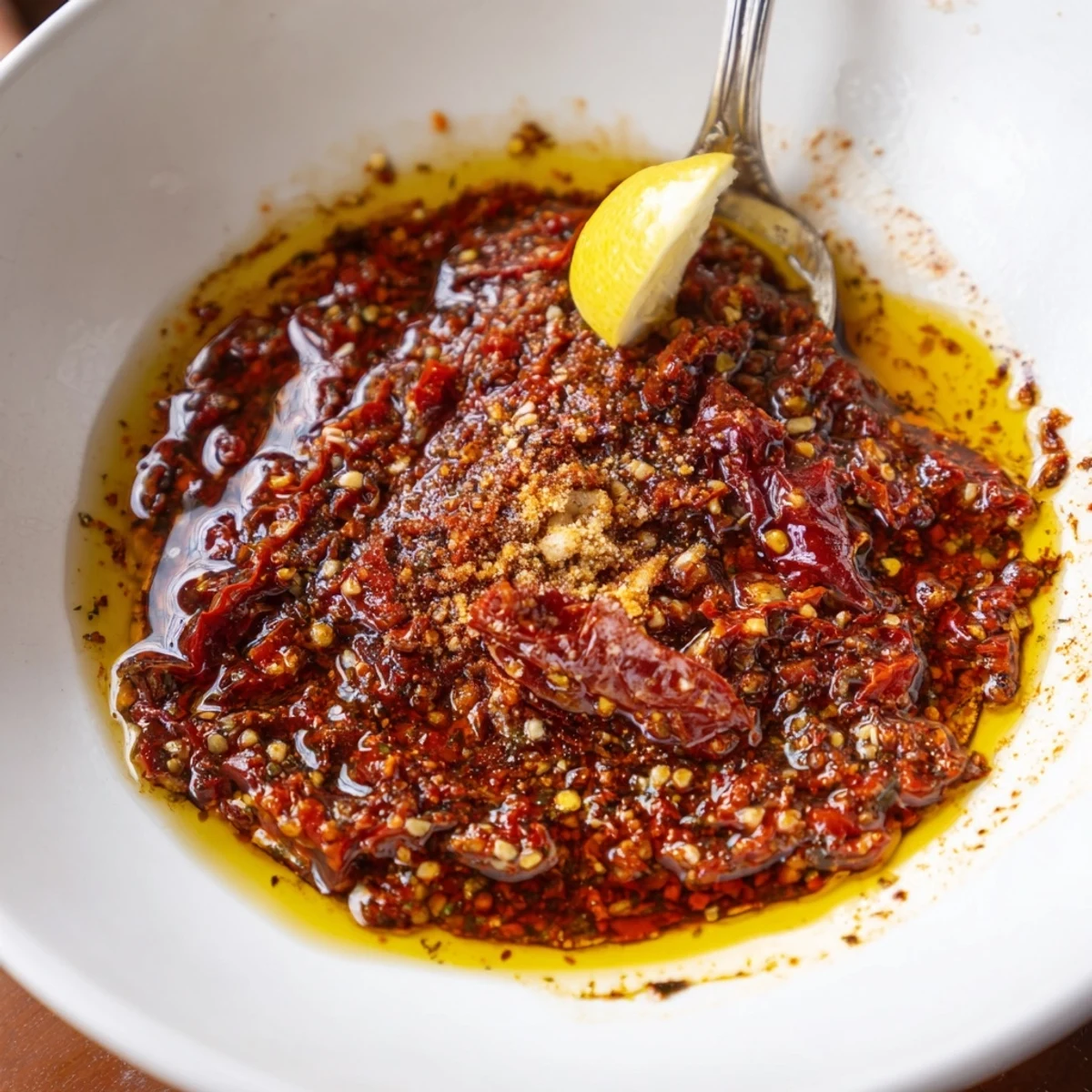 Creamy Sun Dried Tomato Sauce spooned onto crusty bread, lemon brightness cutting richness.