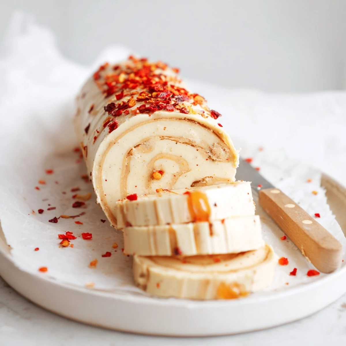 Creamy spread of Sweet Spicy Honey Butter studded with chili flakes on waffles