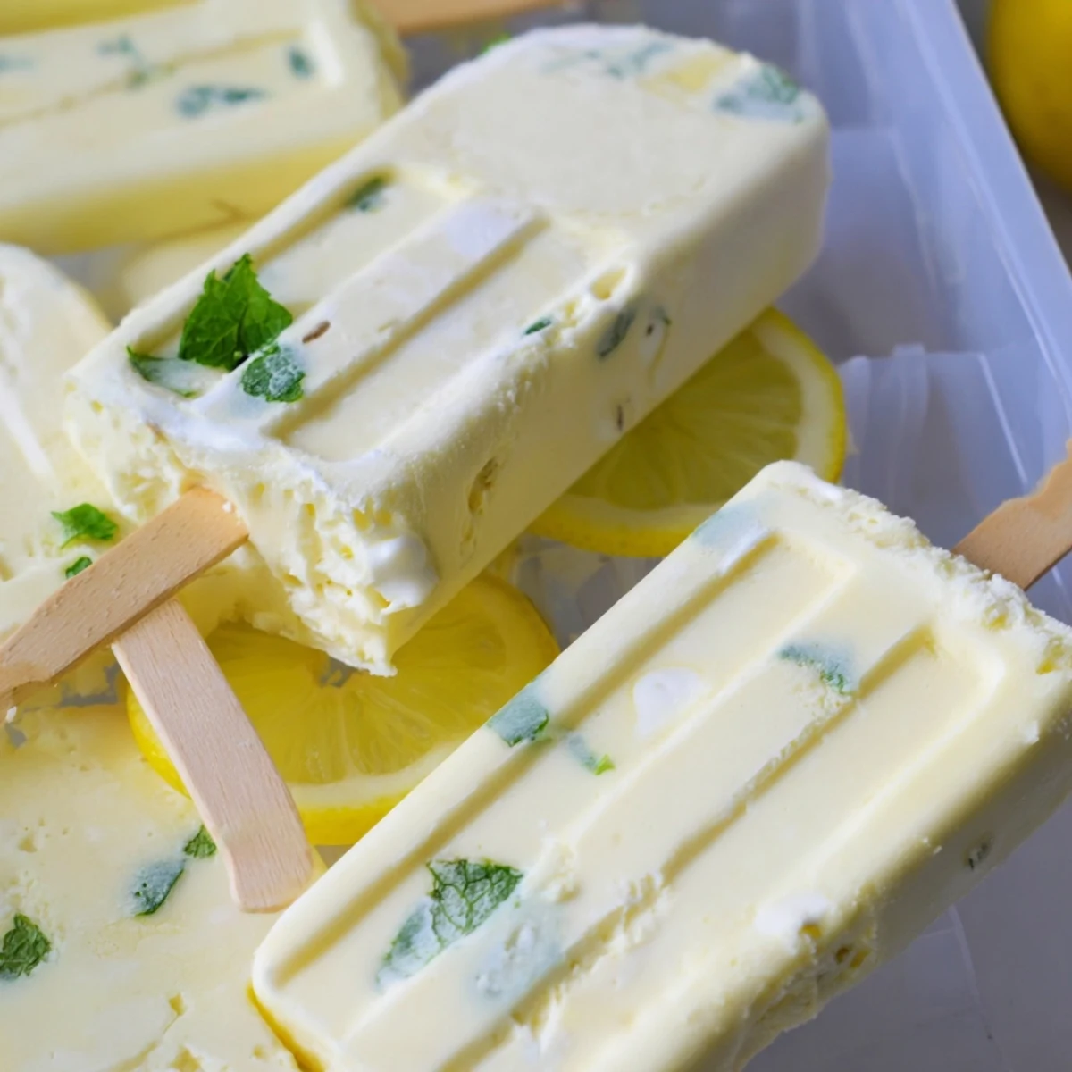 Creamy yellow yogurt popsicles garnished with zest and mint ready for freezing on summer kitchen counter