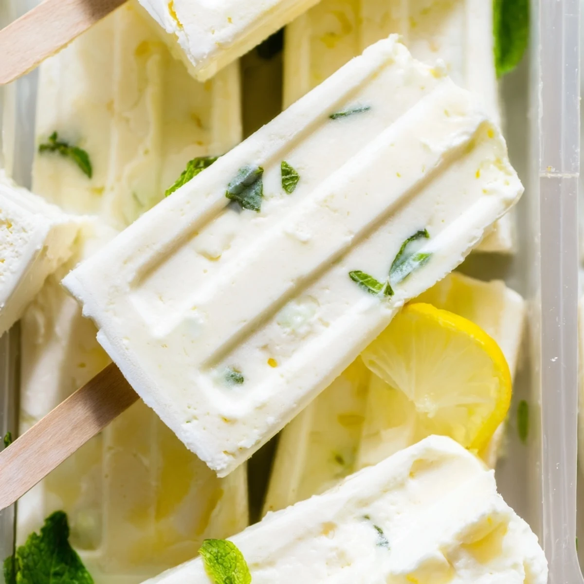 Golden frozen lemon yogurt popsicles with fresh lemon slices and wooden sticks resting on white popsicle mold tray
