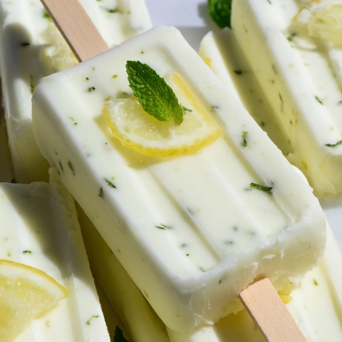 Light and tangy lemon yogurt popsicles in molds showing smooth textured frozen dessert with glistening surface
