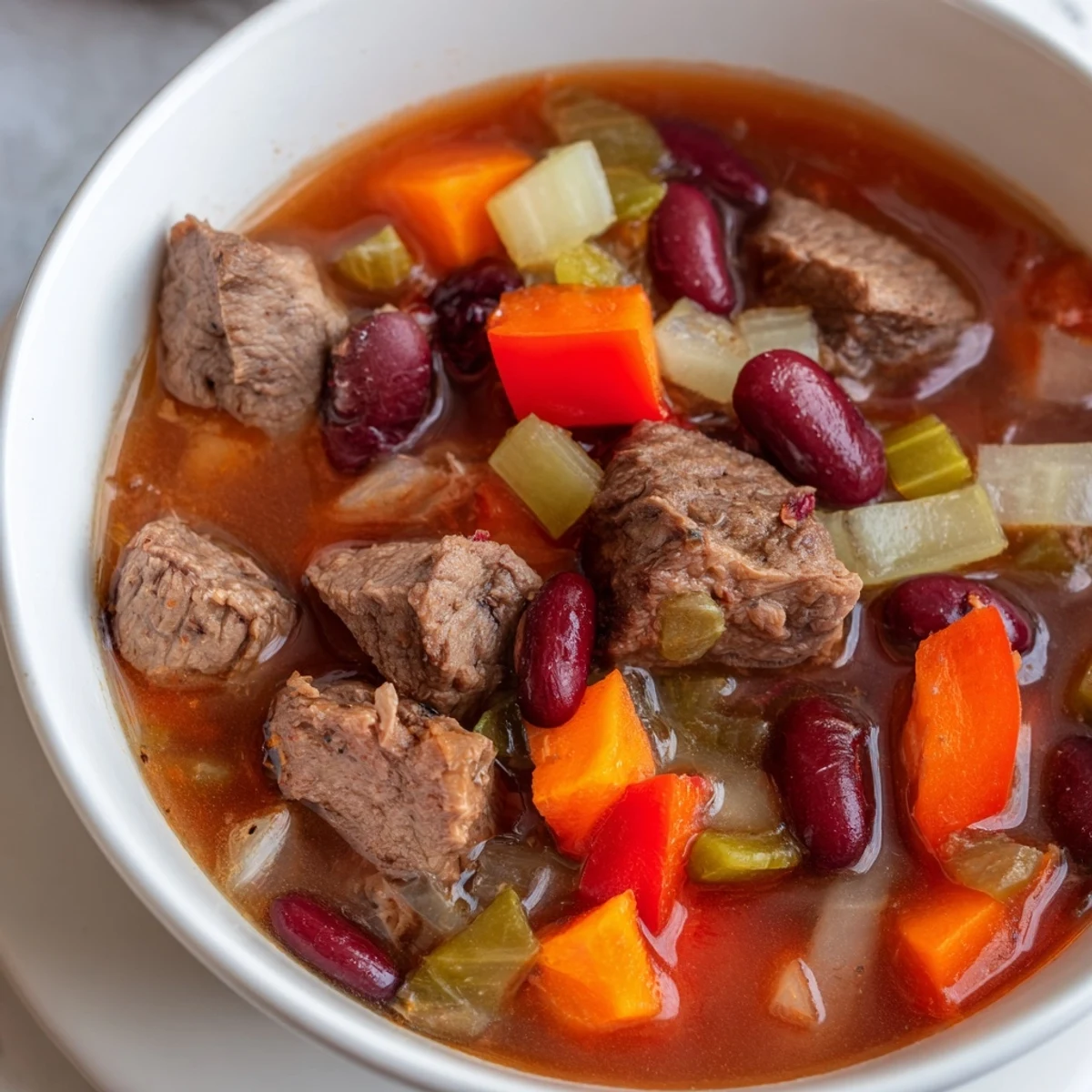 Hearty beef and bean soup delight simmered with carrots, celery, red bell pepper, and aromatic spices in a deep soup pot.