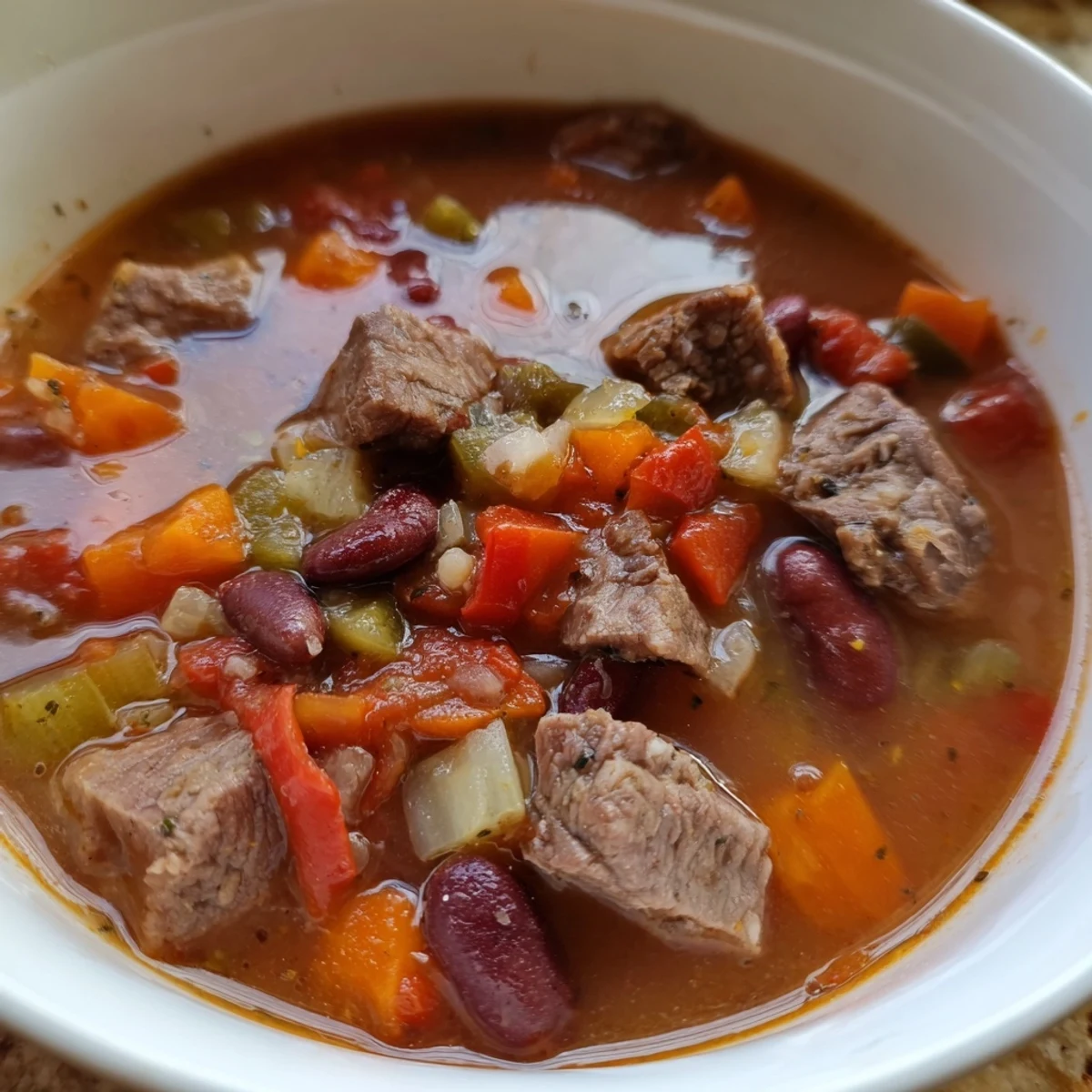 Steaming bowl of savory beef and bean soup delight loaded with tender beef chunks, kidney beans, and colorful vegetables in rich broth.
