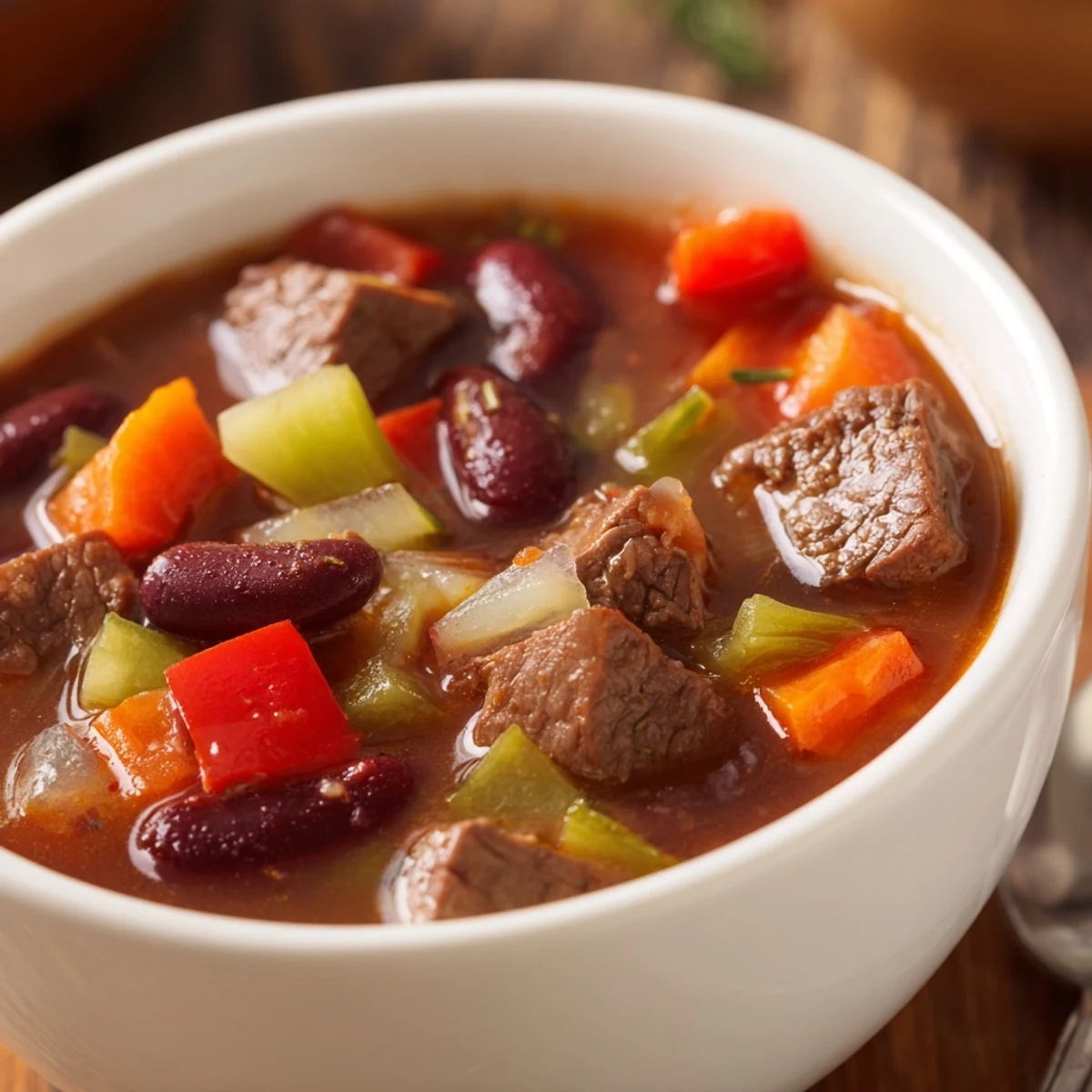 Savory beef and bean soup delight featuring browned beef cubes, kidney beans, and diced tomatoes in a warming, comforting bowl.