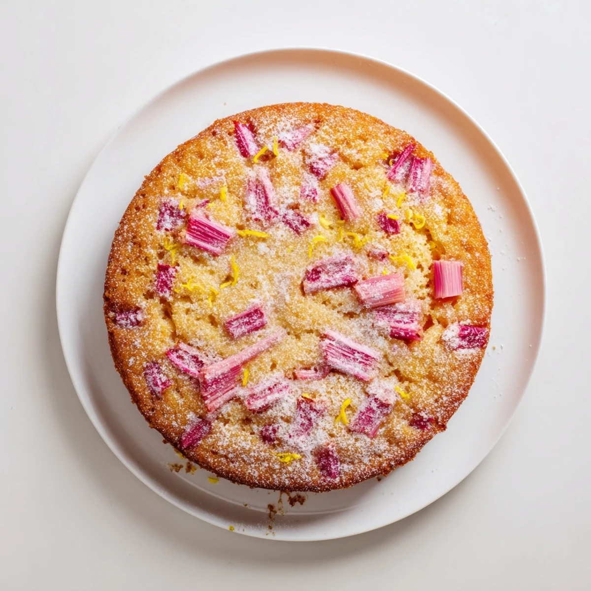 Golden slice of zesty rhubarb lemon drizzle cake topped with glistening citrus glaze