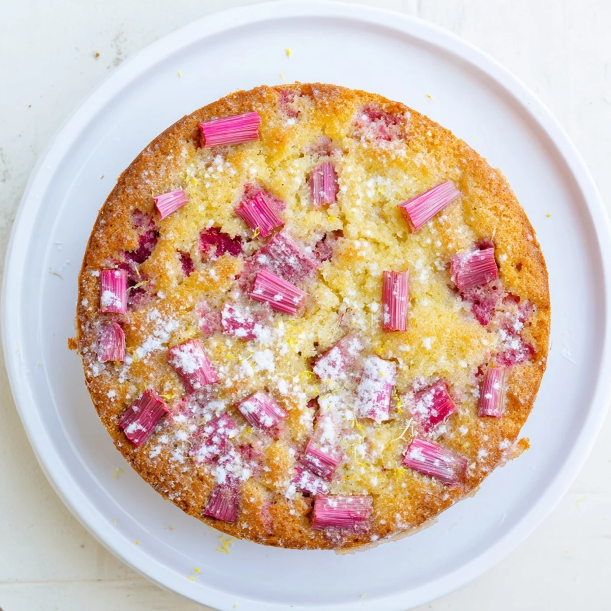 Homemade zesty rhubarb lemon drizzle cake on a serving plate with powdered sugar dusting
