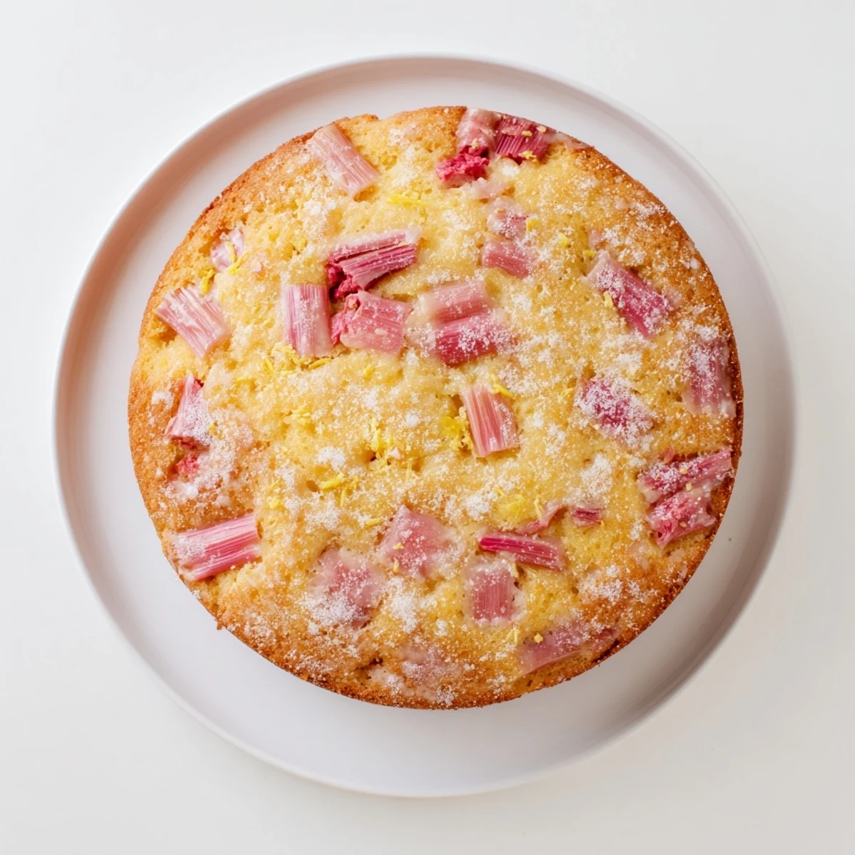 Moist rhubarb lemon drizzle cake studded with pink tart fruit pieces and zest