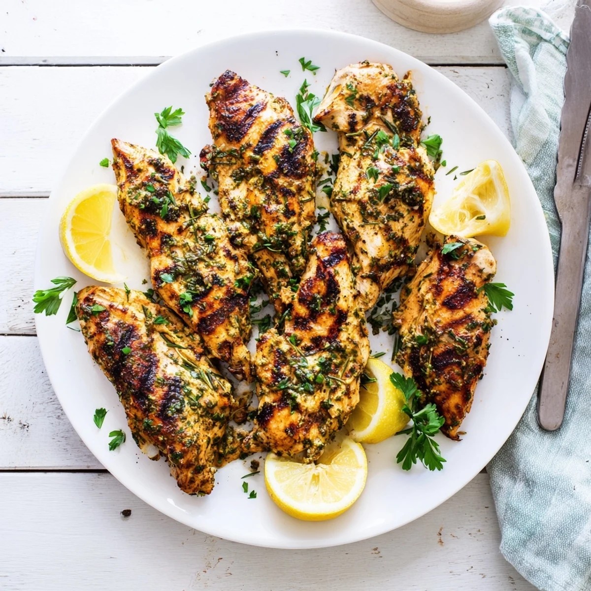 Juicy grilled chicken delight seasoned with rosemary, thyme, and parsley, garnished with chopped fresh parsley