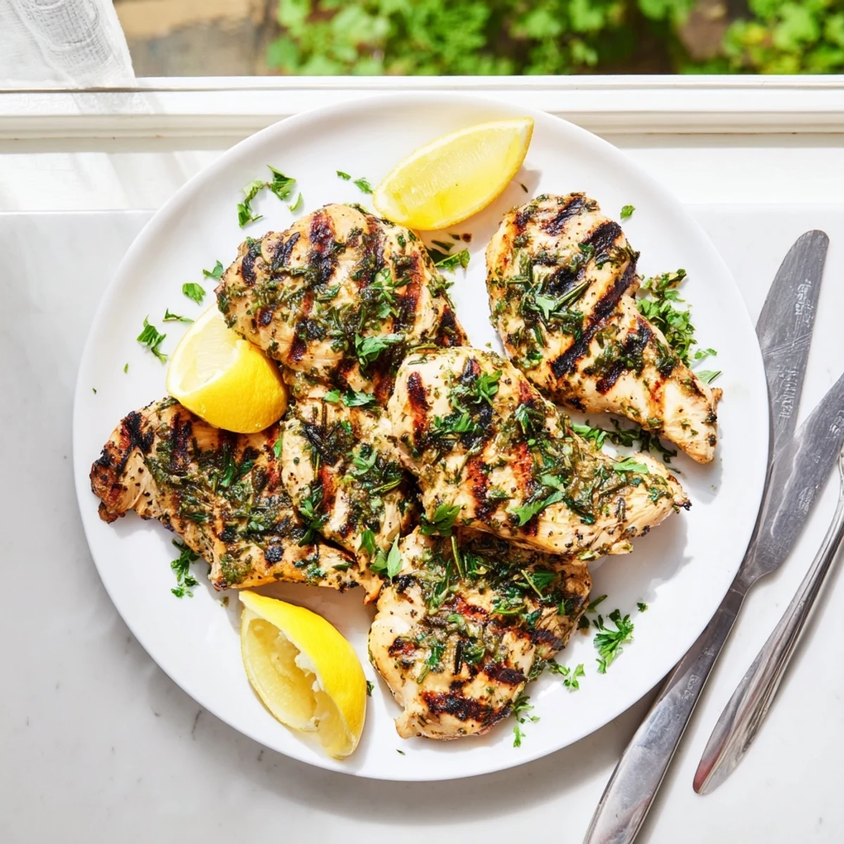 Savory herb rubbed grilled chicken breasts with charred grill marks and fresh lemon wedges on a white platter
