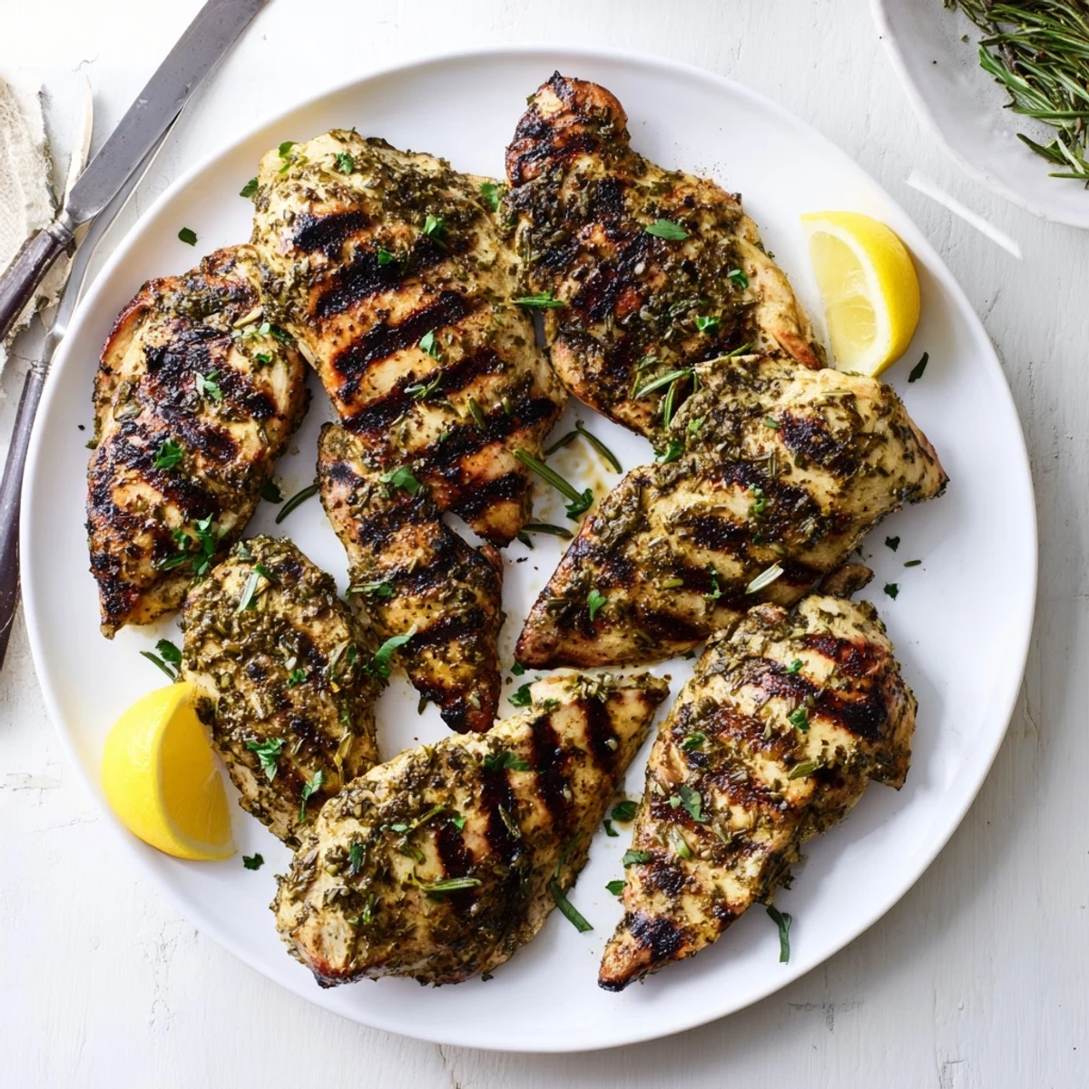 Perfectly grilled herb rubbed chicken resting on a serving platter with bright lemon slices for a complete meal