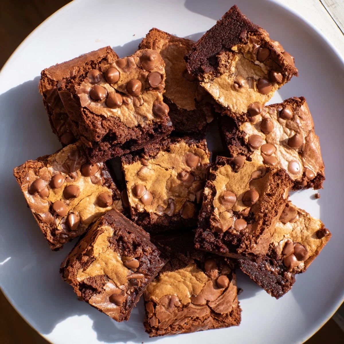 Swirled fudgy chewy brookies bars showcasing golden cookie dough studded with melted chocolate chips