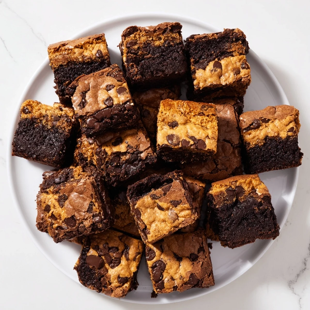 Decadent fudgy chewy brookies square with marbled layers of fudgy brownie and chewy chocolate chip cookie