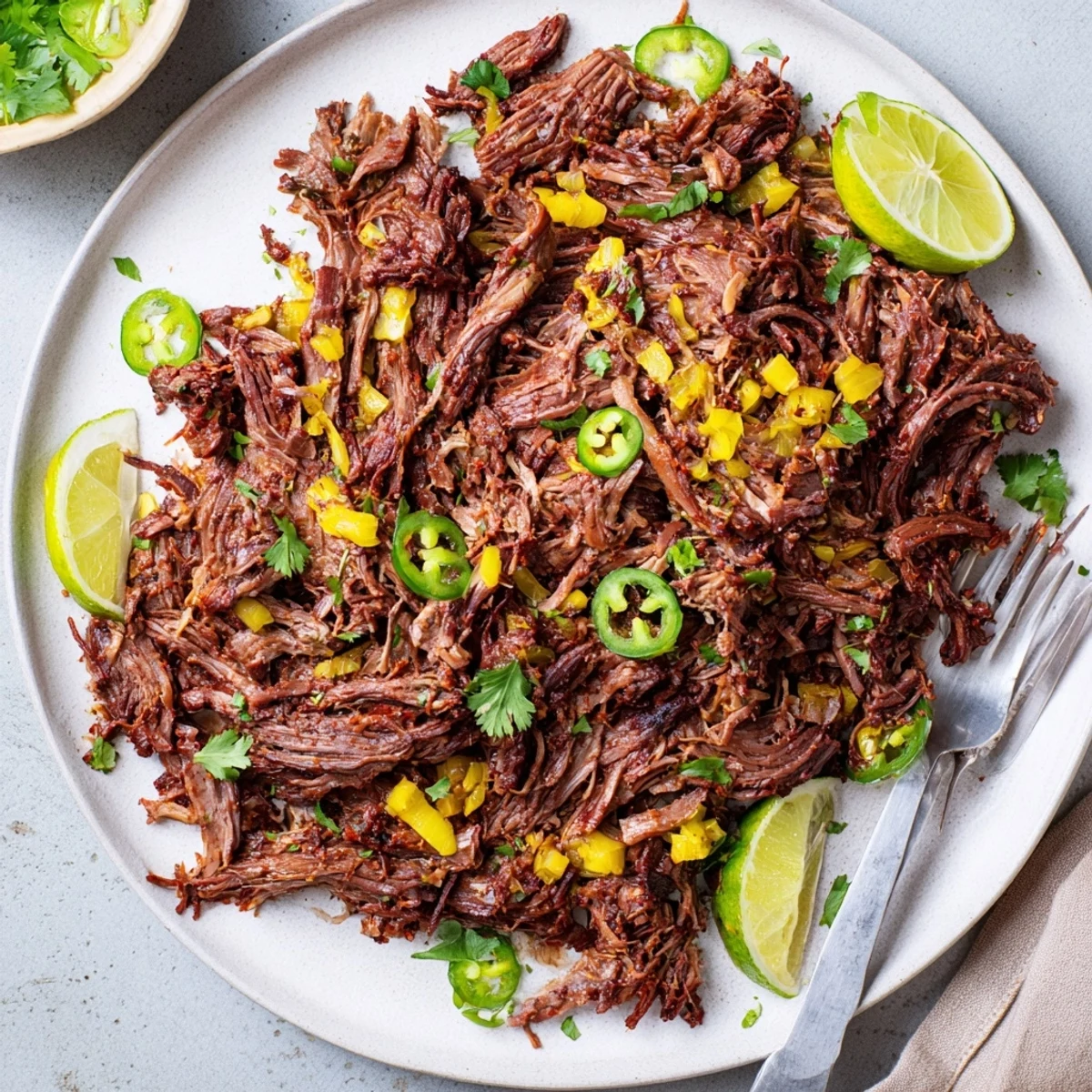 Succulent Mexican-style beef barbacoa piled high in warm corn tortillas with diced onions and lime wedges
