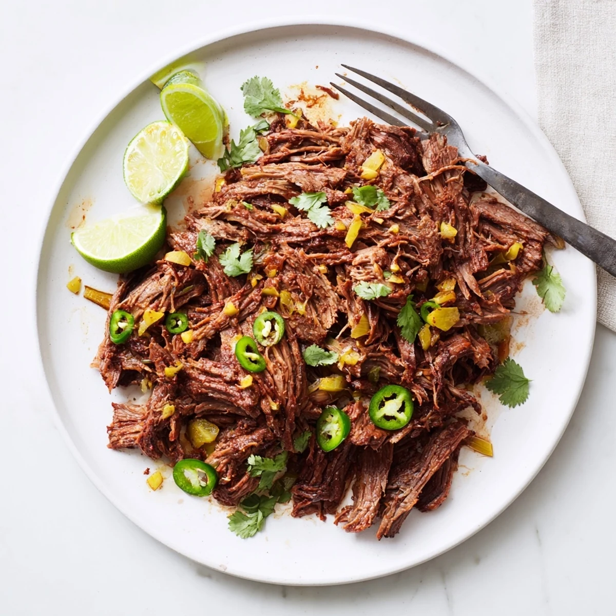 Tender slow cooker beef barbacoa shredded into juicy chunks with dark spices and fresh cilantro garnish