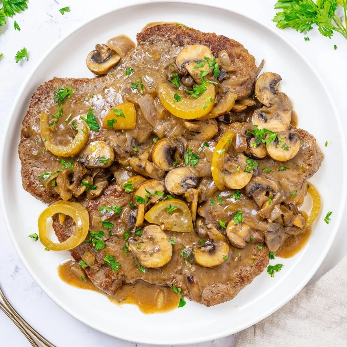 Golden brown cube steaks nestled in a rich onion mushroom gravy with parsley garnish