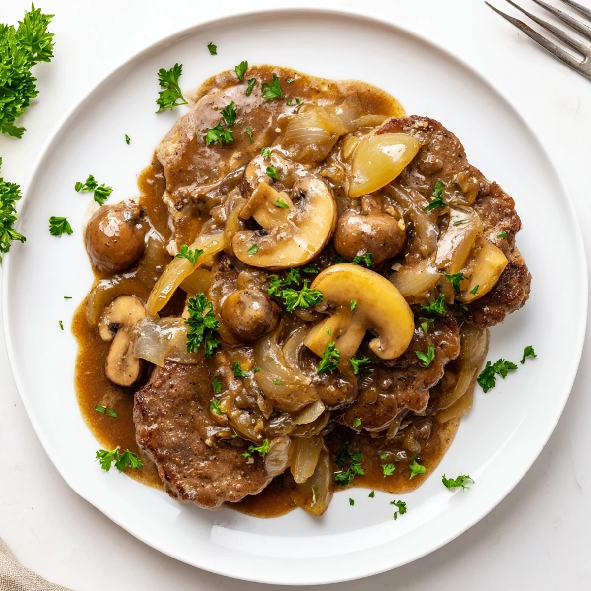 Country style cube steak with sautéed onions and mushrooms in thick savory brown sauce