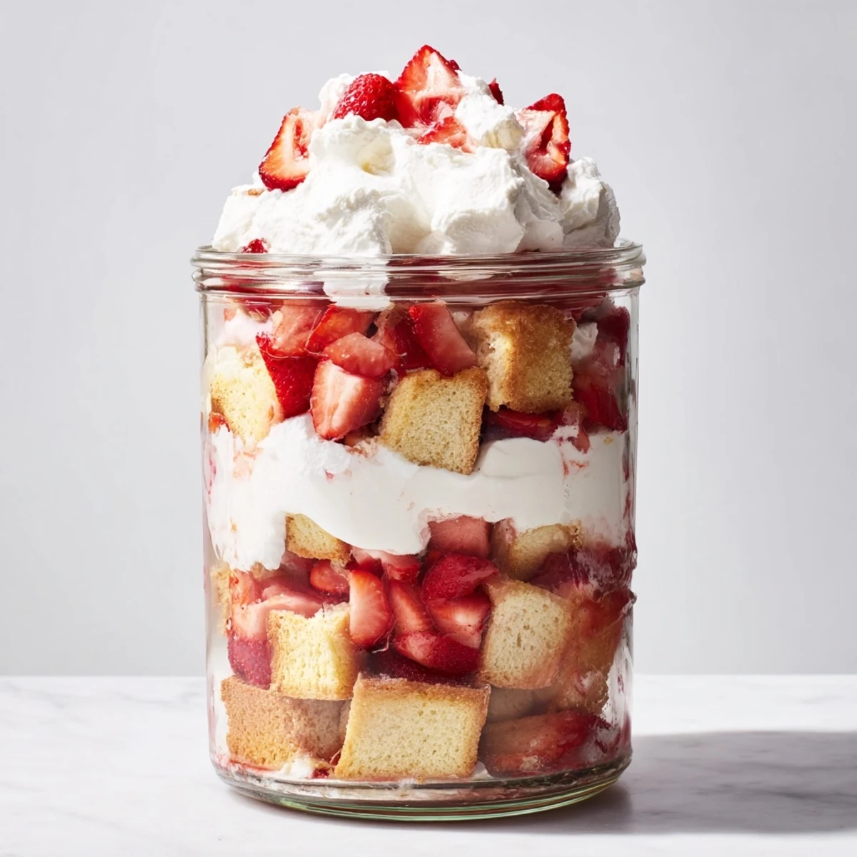 Layered strawberry shortcake trifle with golden cake cubes, juicy macerated berries, and fluffy whipped cream in clear glass