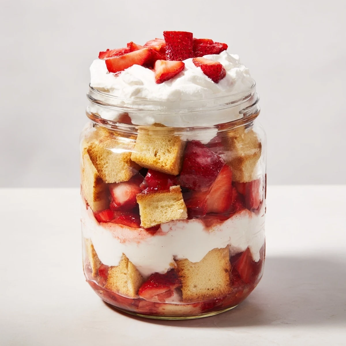 Individual strawberry shortcake trifle desserts showcasing fresh red strawberries, tender shortcake pieces, and billowy vanilla cream