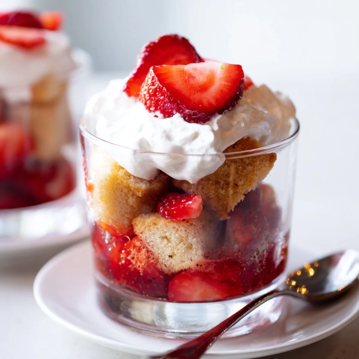 Strawberry Shortcake Trifles in glasses: golden shortcake, juicy strawberries, fluffy cream.