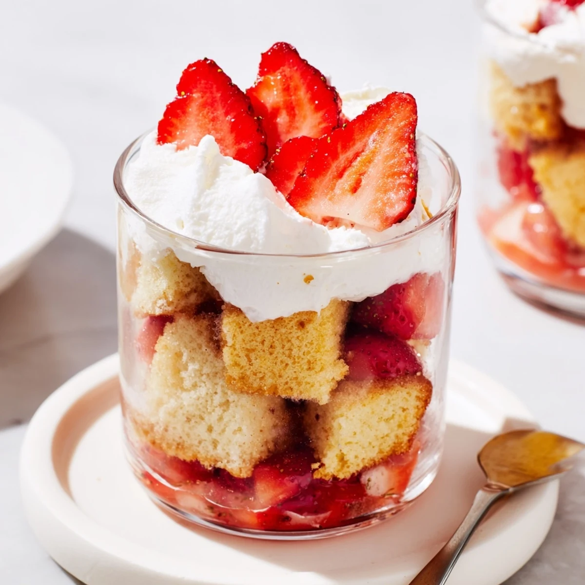 Individual Strawberry Shortcake Trifles with macerated strawberries and airy whipped cream.